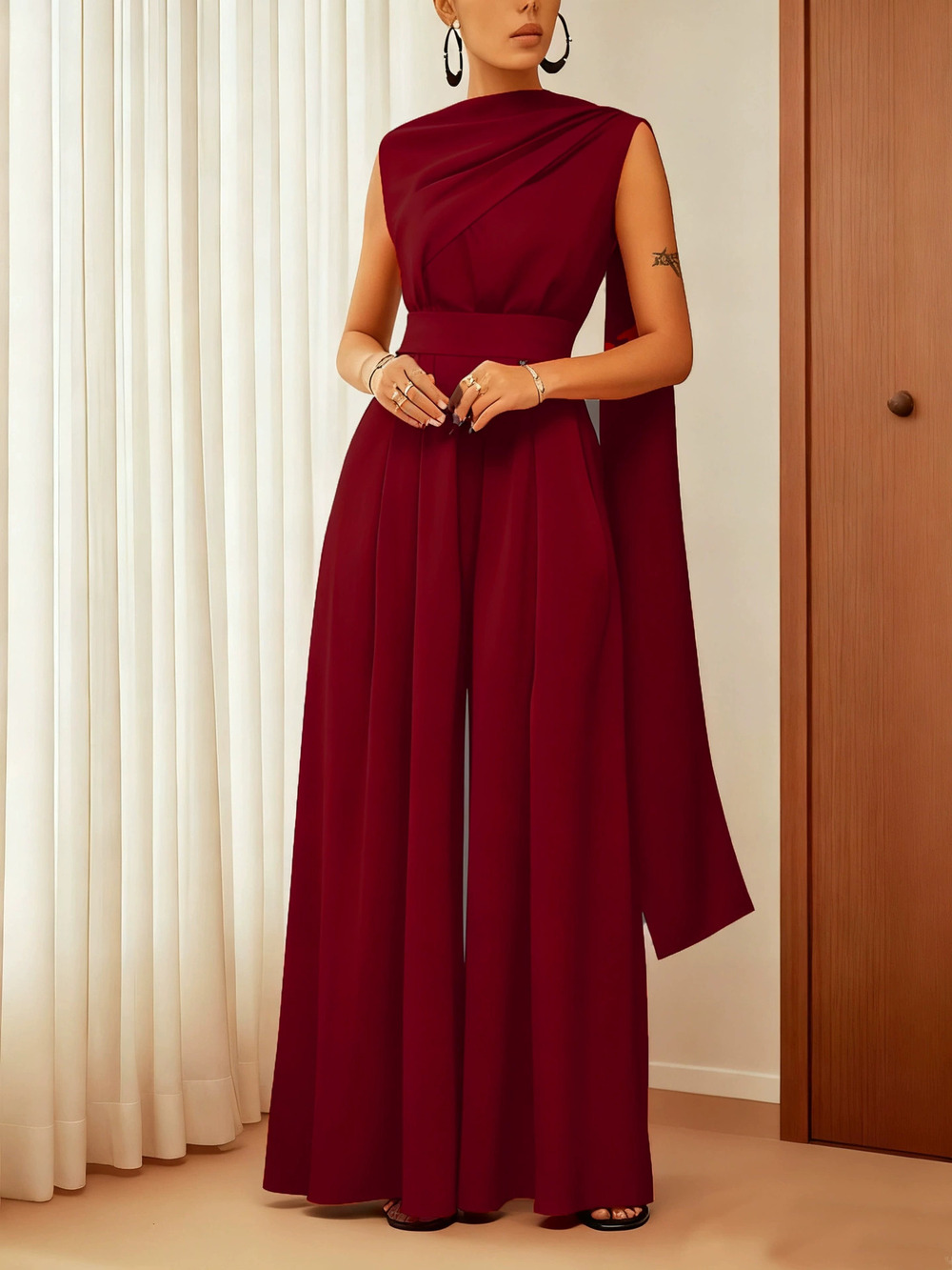 H&M Solid Color Slim Fit Chic Casual Jumpsuit Wide Leg Long Pants - Picture 4 of 4
